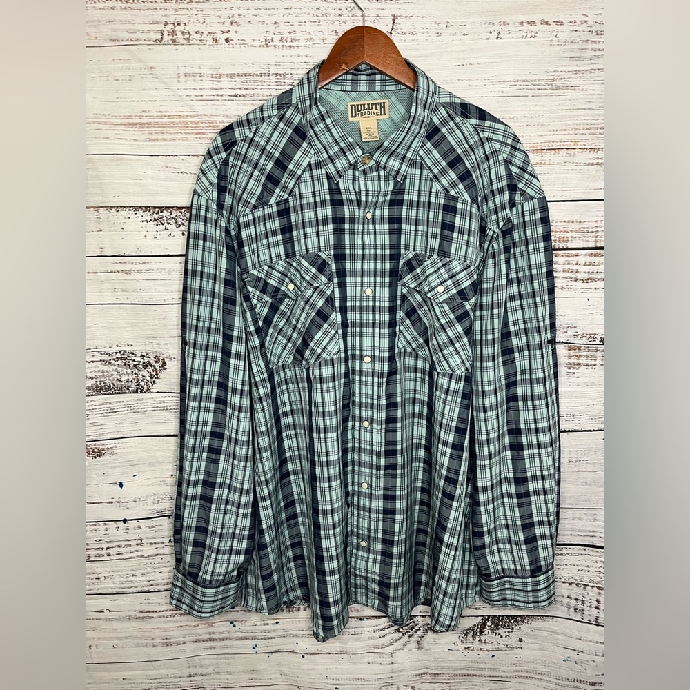 Duluth Trading Blue Plaid Pearl Snap Mens 2XL Long Sleeve Vented Shirt